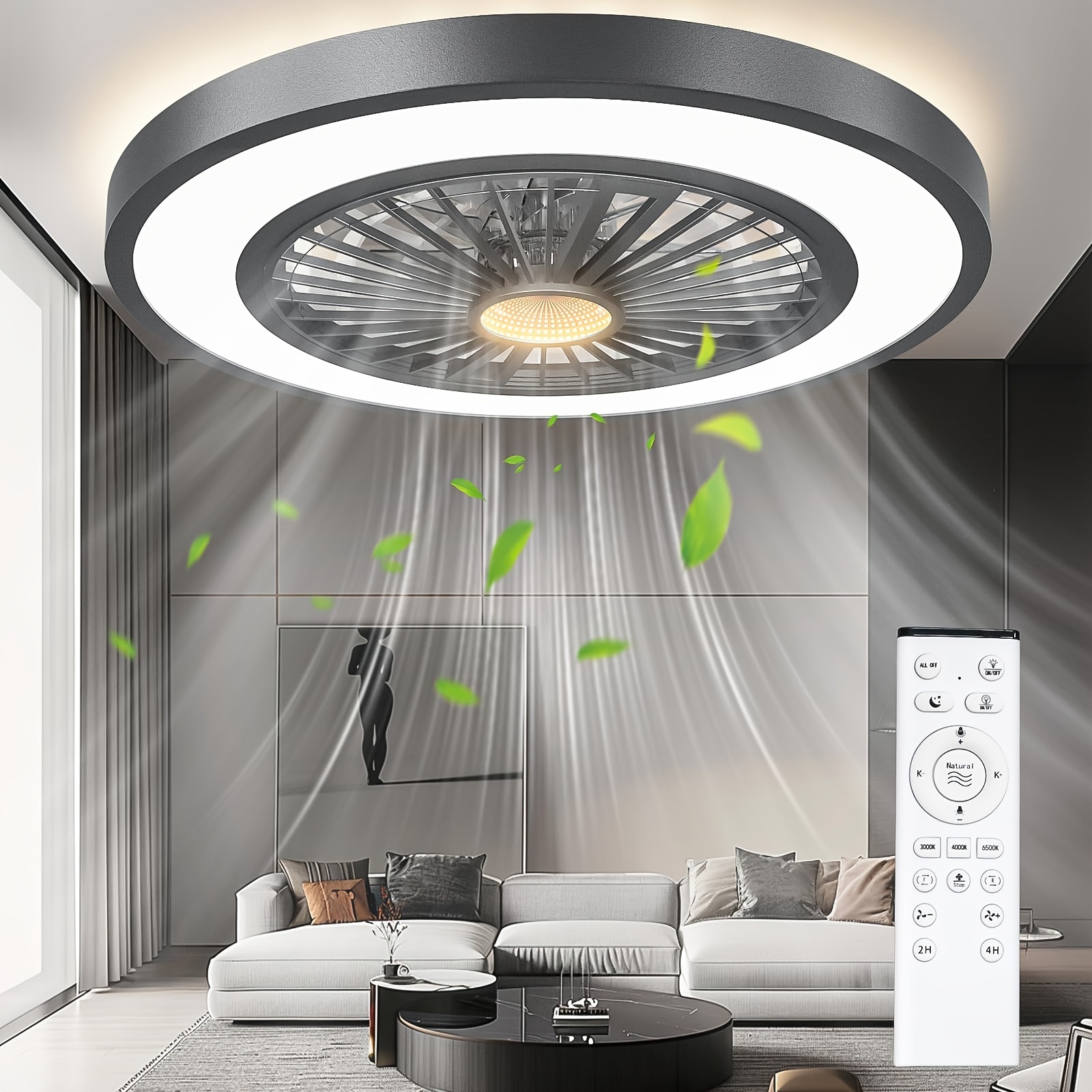 

22'' Ceiling Fans With Lights And Remote, Motor Dimmable Ceiling Fans With Night Light, 3000-6500k Color Temperature Celing Fan With Light Flush Mount With 6 Black