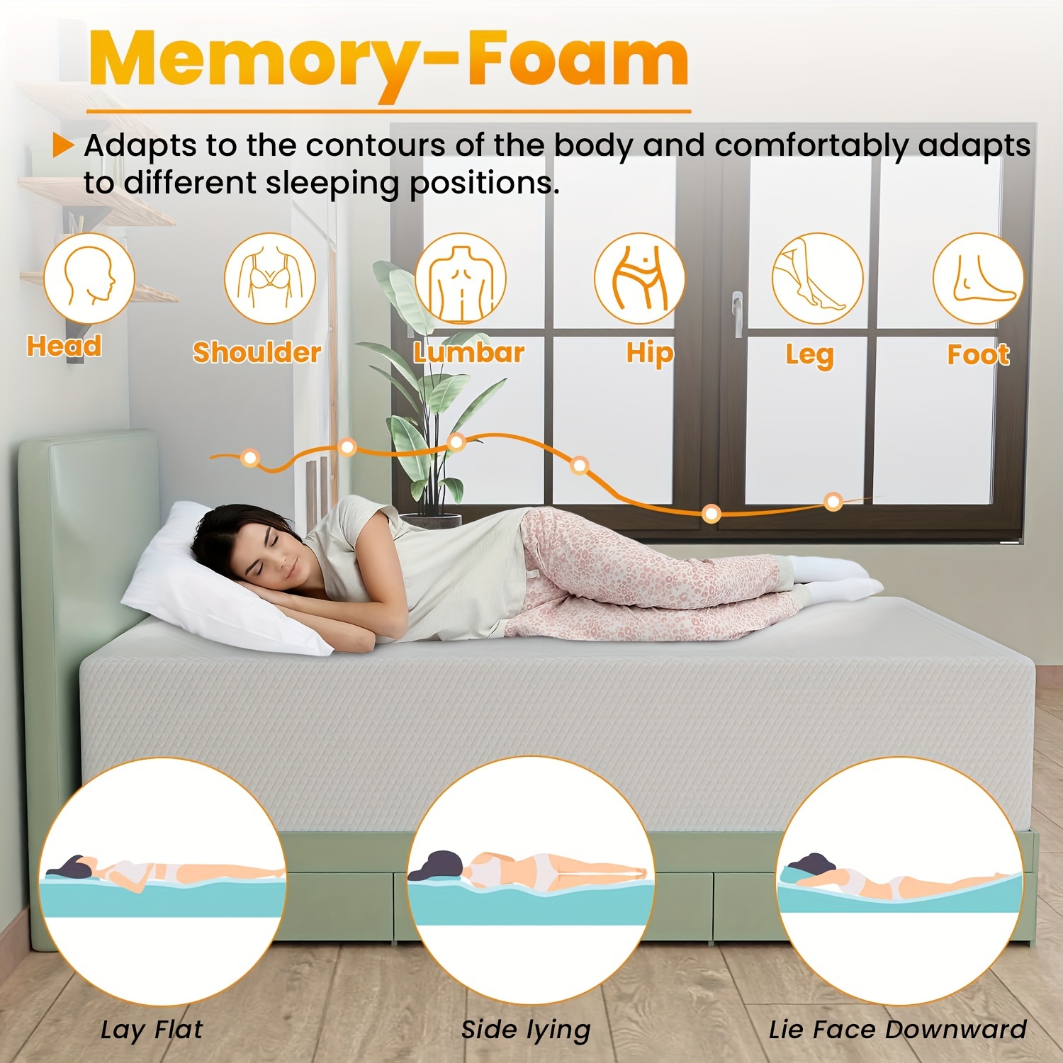 

6-inch Memory Foam Mattress Topper For - Medium Firm, Body Shape, Adjusts Sleeping Positions, Comfortable Support For Head, Shoulder, Lumbar, Hip, Leg & Foot, Sleeper Sofa Bed