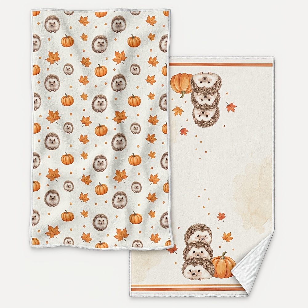 TEMU 2pcs Cute Goblincore Woodland Fall Kitchen Towels Set Hedgehog And Mushroom Fall Leaves, Soft Washable Dish Towels Rustic Kitchen Decor Perfect