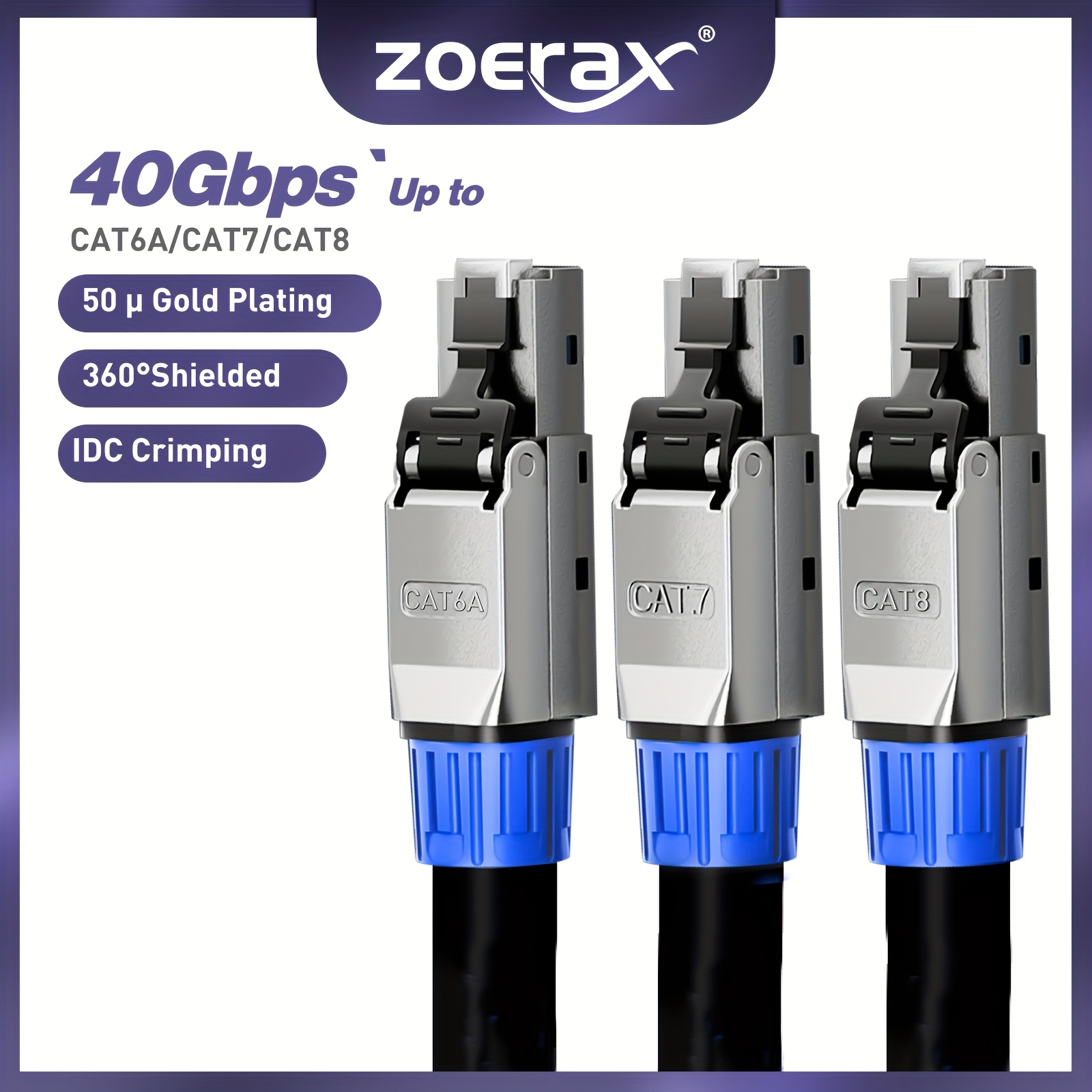 Zoeraxrj45 Connecteurs de câble Ethernet CAT8 CAT 7 CAT6A sans outil blindés pour câbles réseau 40 Gbps et 10 Gbps, adaptés aux câbles LAN STP 22~26 AWG