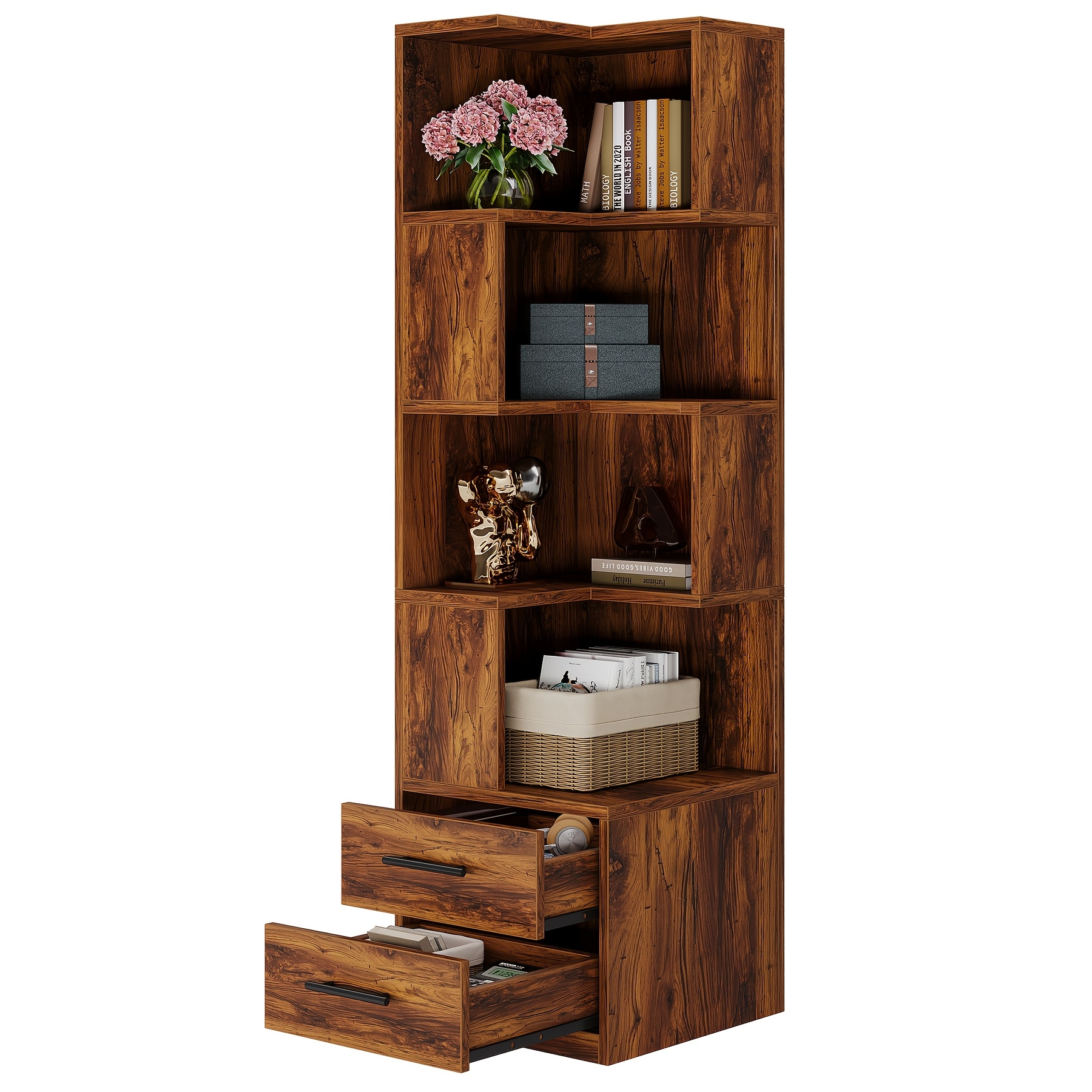 TEMU 66.9 Inch Corner Bookshelf, 5-tier Tall Corner Bookcase Shelf With 2 Drawers, Modern Simple Corner Storage Cabinet Display Rack Shelf For Living