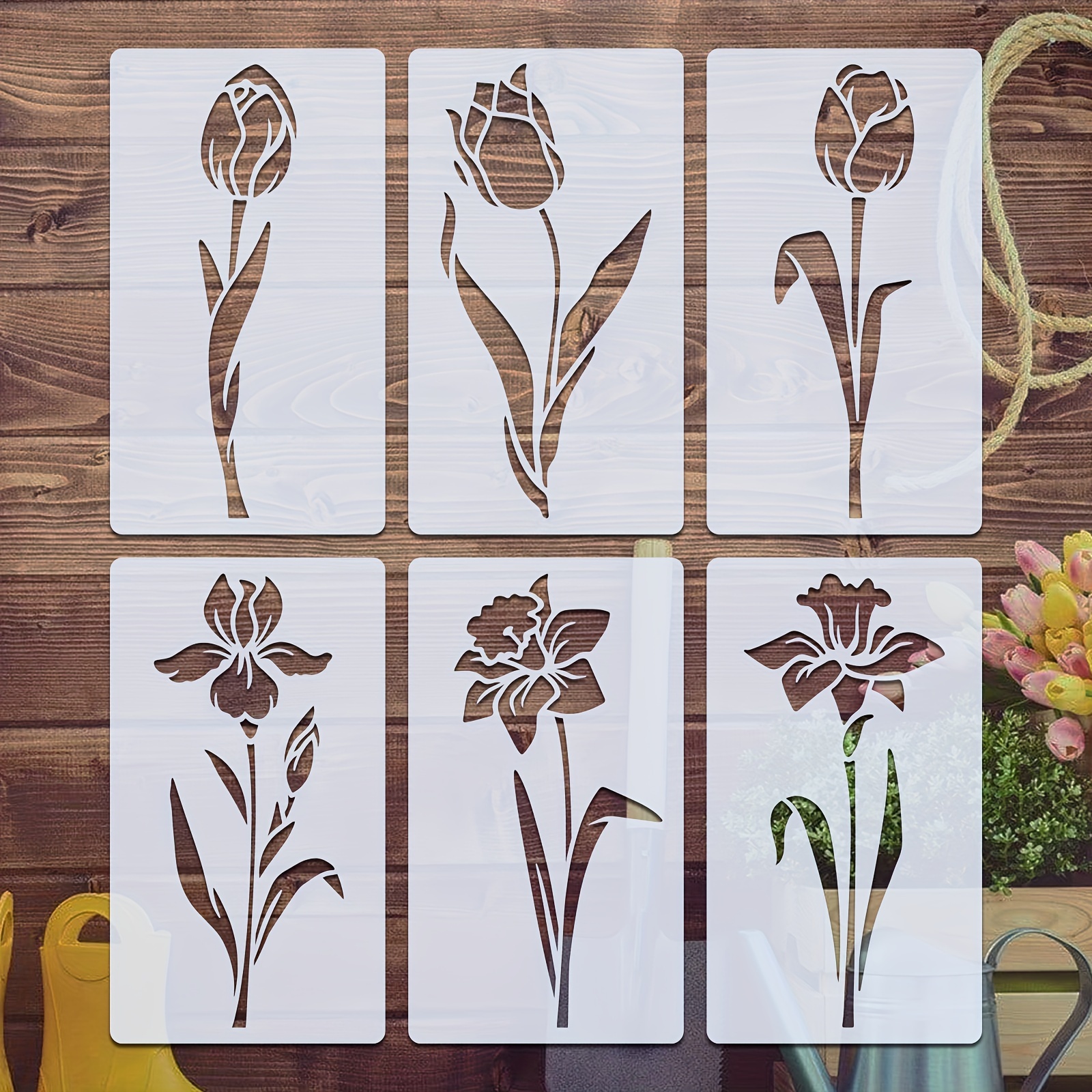 

6 Pack 3.35x5.9 Inch Flower Painting Stencils, Reusable Tulip & Lily Floral Templates For Wood, Canvas, Paper, Fabric, Floors, Walls, And Tile Art