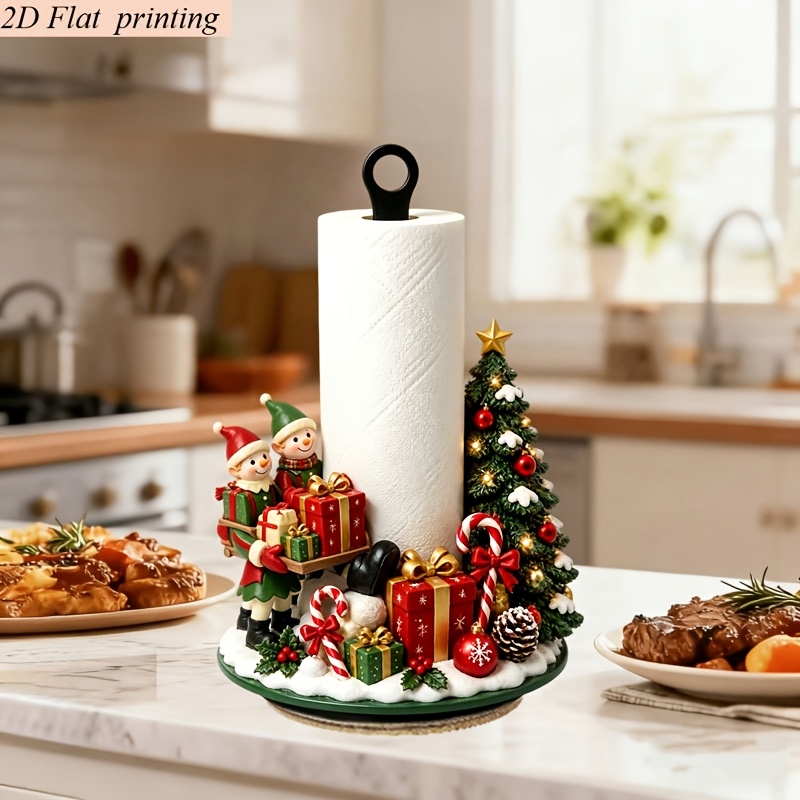 TEMU Portaasciugamani di carta da cucina 1 pz con stampa piatta 2D - Stile natalizio con e elfo a forma di regalo, divertente portarotolo da tavolo