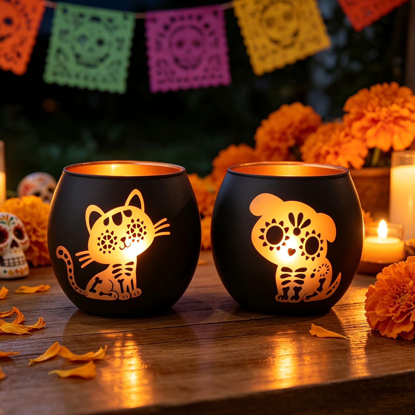 TEMU Cute For Halloween Magical Skeleton Decorations - 2pcs Black Glass Candle Holder For Halloween And Party Decor - Candlesticks With Floral Cat