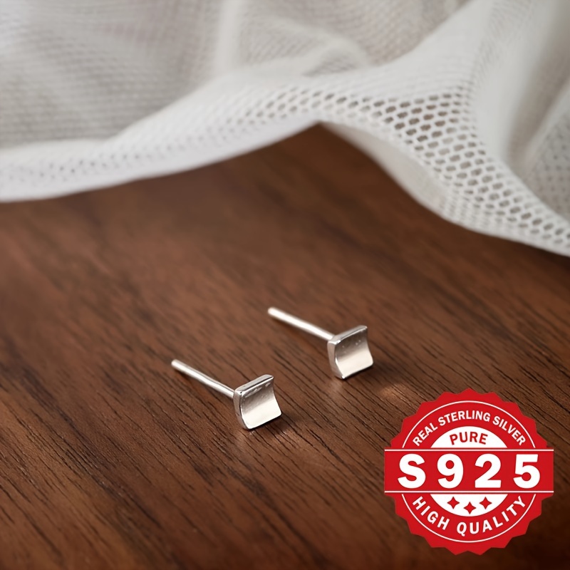 S925 Pure Silver Concave Square Ear Studs for Pierced Ears