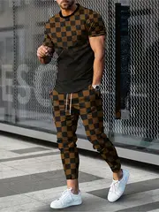 mens 2pcs sportswear set 3d print crew neck short sleeve t shirt long pants polyester knit fabric stretch regular fit summer streetwear details 0