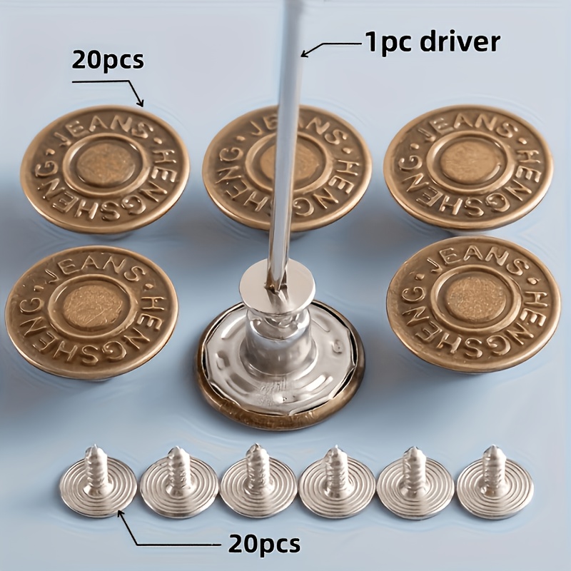 TEMU 41-tlg. Set, inklusive 20 Knöpfe, 20 Schrauben 1 Schraubendreher. Dies sind Jeansknöpfe, verstellbare, abnehmbare nähfreie Metallknöpfe für