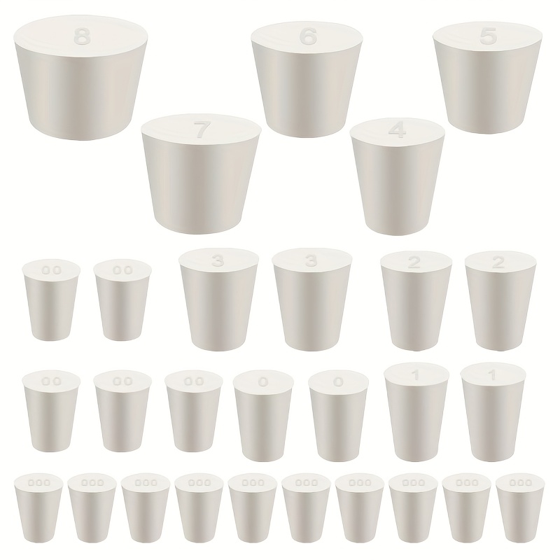 E-shop 28er-Pack (11 verschiedene Größen) Massivgummi-Stopfen, 000# - 8# Konische Labor-Bungs Gummikorken, Weiße Labor-Verschlussstopfen für