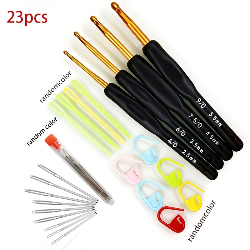 E-shop 23er Set Häkelnadeln Schwarz Gold, geeignet für die Hand, 4 Häkelnadeln (2,5 mm - 5,5 mm), mit 9 stumpfen Nadeln mit großem Öhr, transparente