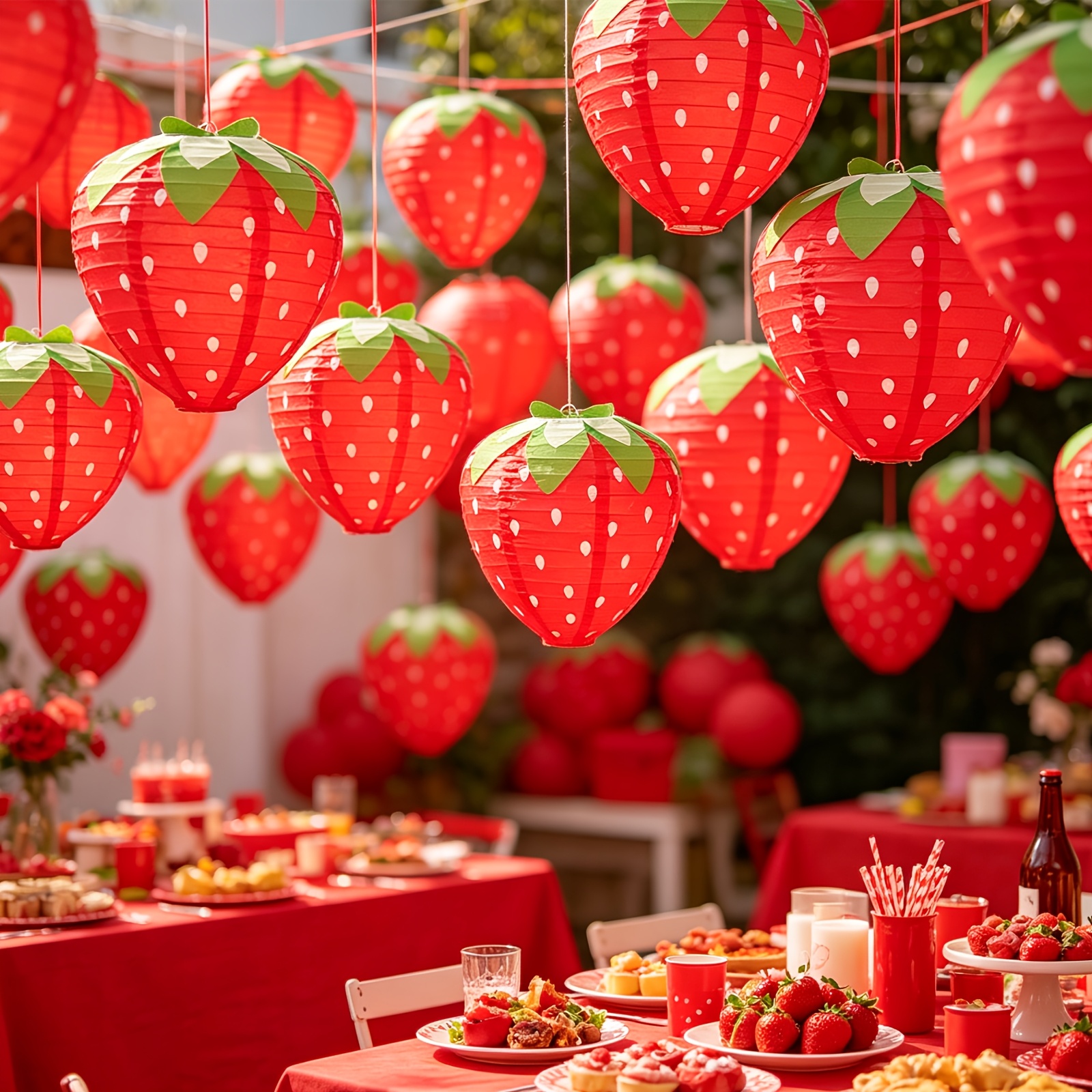 4pcs 8inch Premium Strawberry Paper Lanterns, -shaped Hanging Decor For Birthday & Garden Parties.