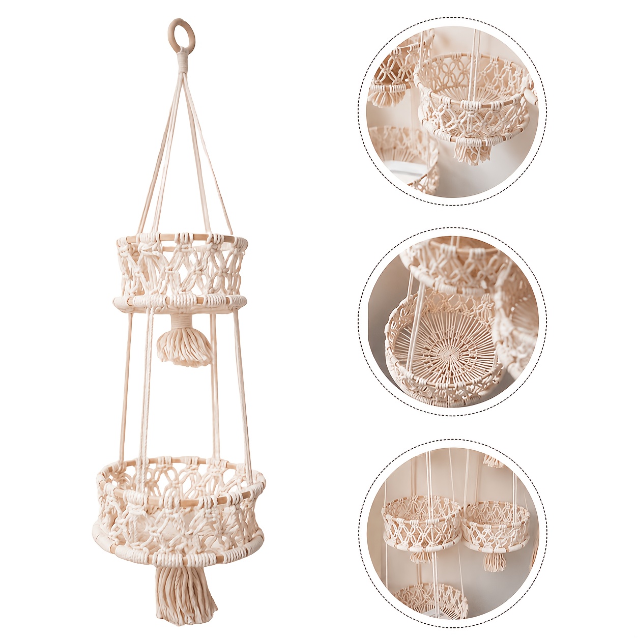 Image of 3/2 Tier Hanging Basket, Macrame Storage Basket, Rope Woven Baskets For Kitchen, Decorative Boho Decor Hanging Plant Holder - Use For Produce Baskets, Indoor Planter Hangers