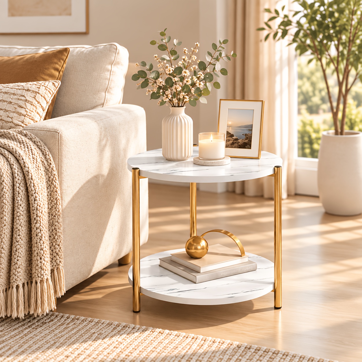 TEMU Petite table basse moderne ronde/carrée en marbre avec fer forgé - Table de rangement portable à double pour salon, table d'appoint pour canapé,