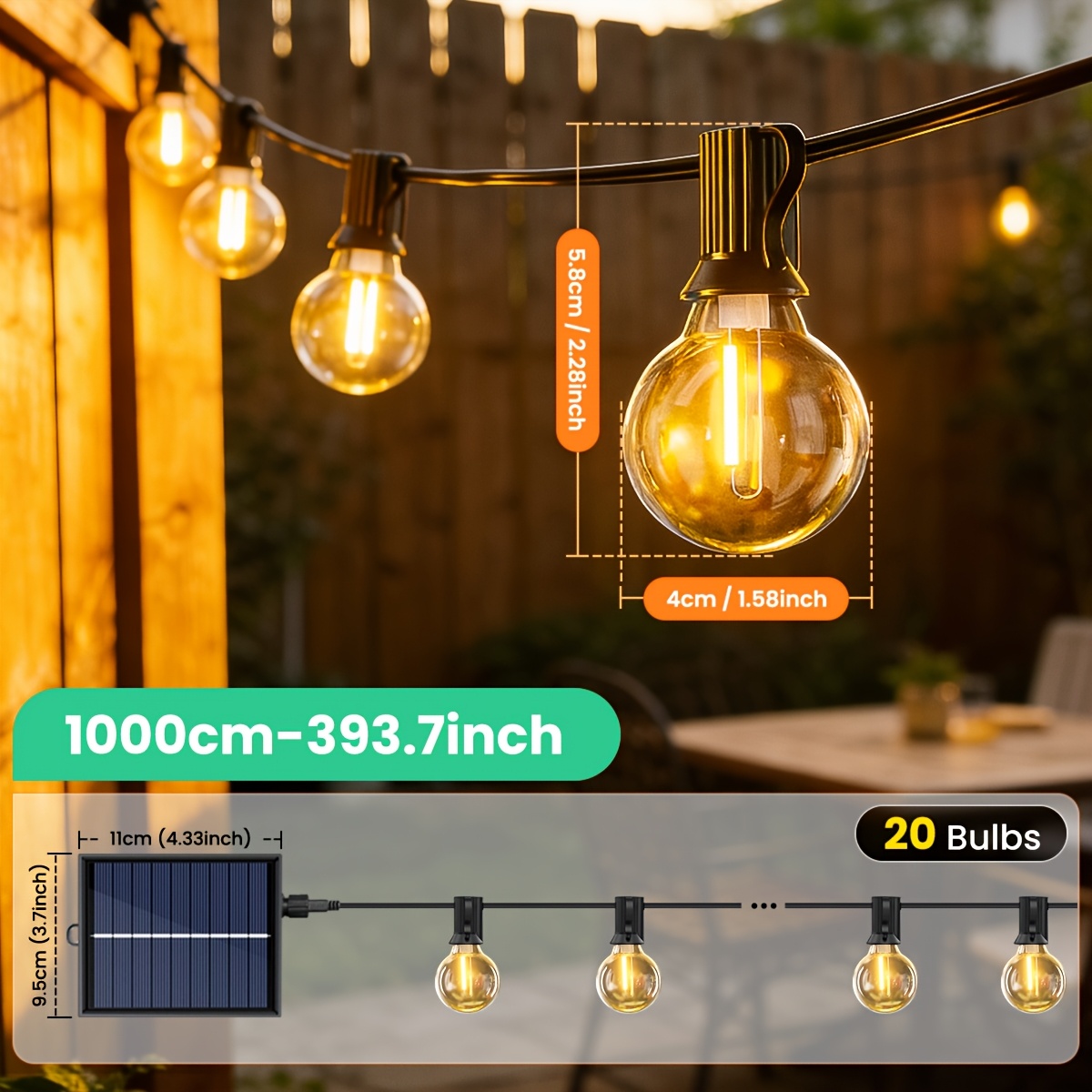Solar String Outdoor Patio Led Lights With Remote Control, 8 Light ,, Warm White Shatterproof Bulbs, Pub Christmas Party Decoration