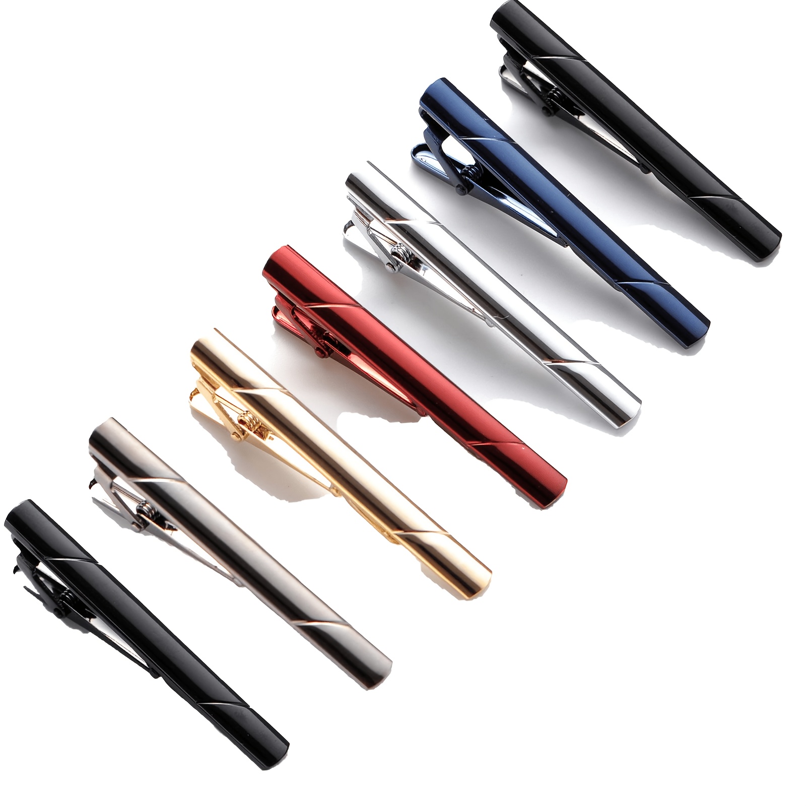 TEMU 7pcs Multicolor Diagonal Pattern Metal Tie Bar Clip Set For Men, Polished Classic Necktie Clips, Secure Hold Business Suit Additions, Low-key