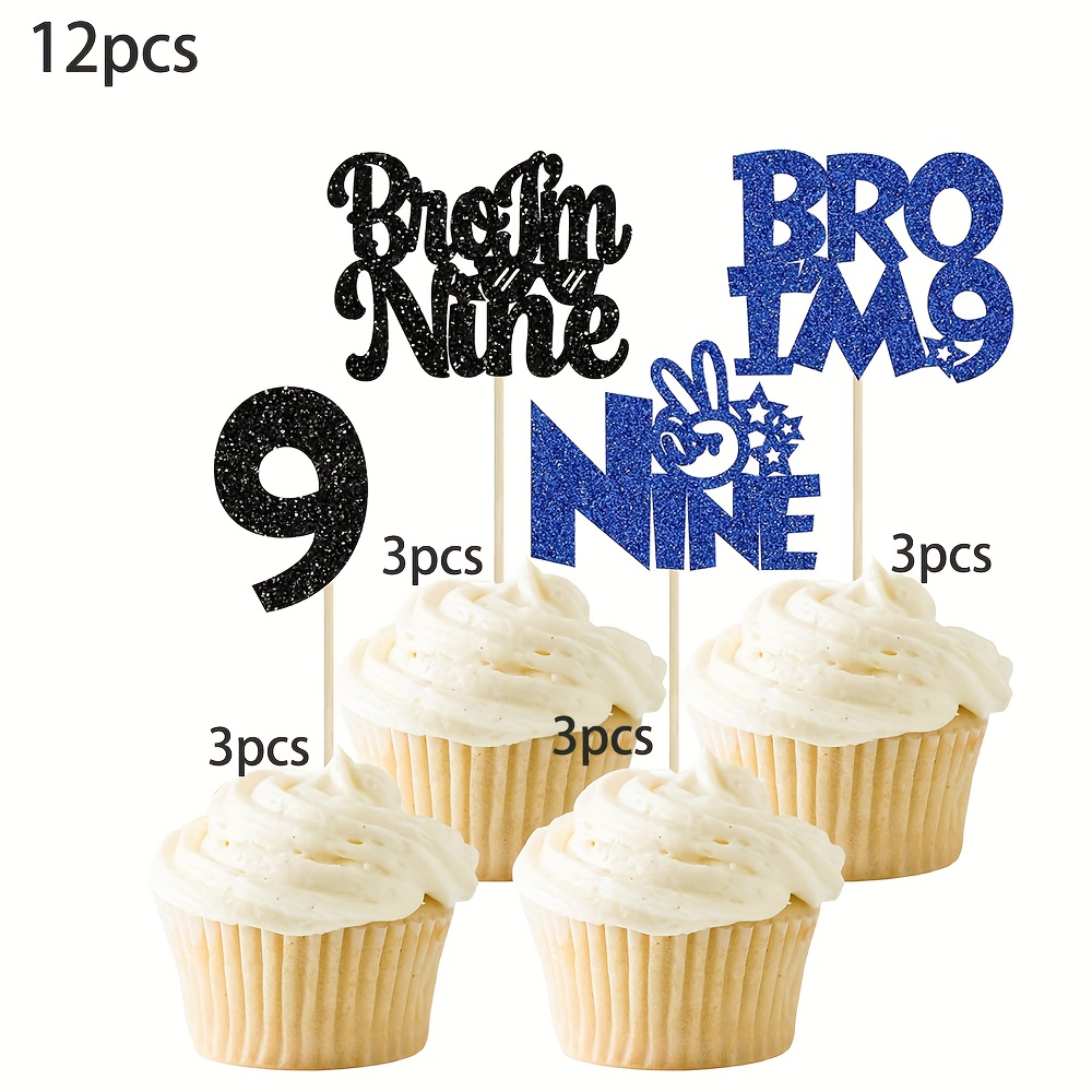 12pcs/24pcs Bro I'm 9 Cupcake Toppers Glitter 9th Birthday Cupcake Pick Decorations For Cheers To 9 Years Old Big Brother 9th Birthday Party Supplies