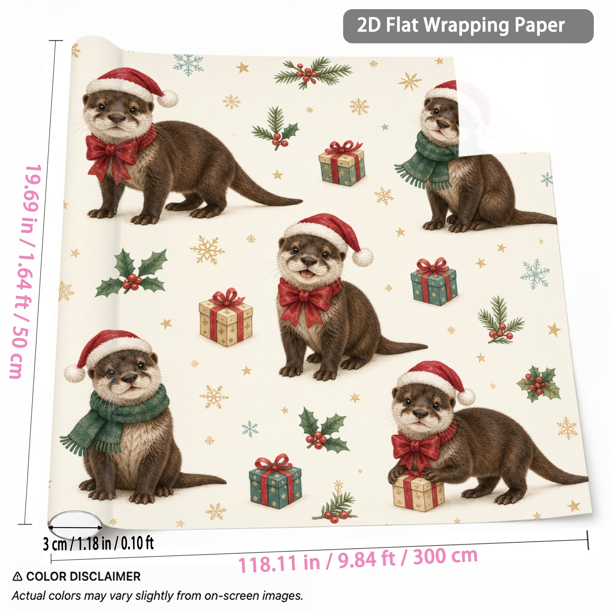 TEMU 1 Rolle Weihnachts-Geschenkpapier mit niedlichem Ottermuster, 1,64ft x 9,84ft, für Weihnachten, Neujahr, Feiertags-Party-Dekoration, Geburtstag,