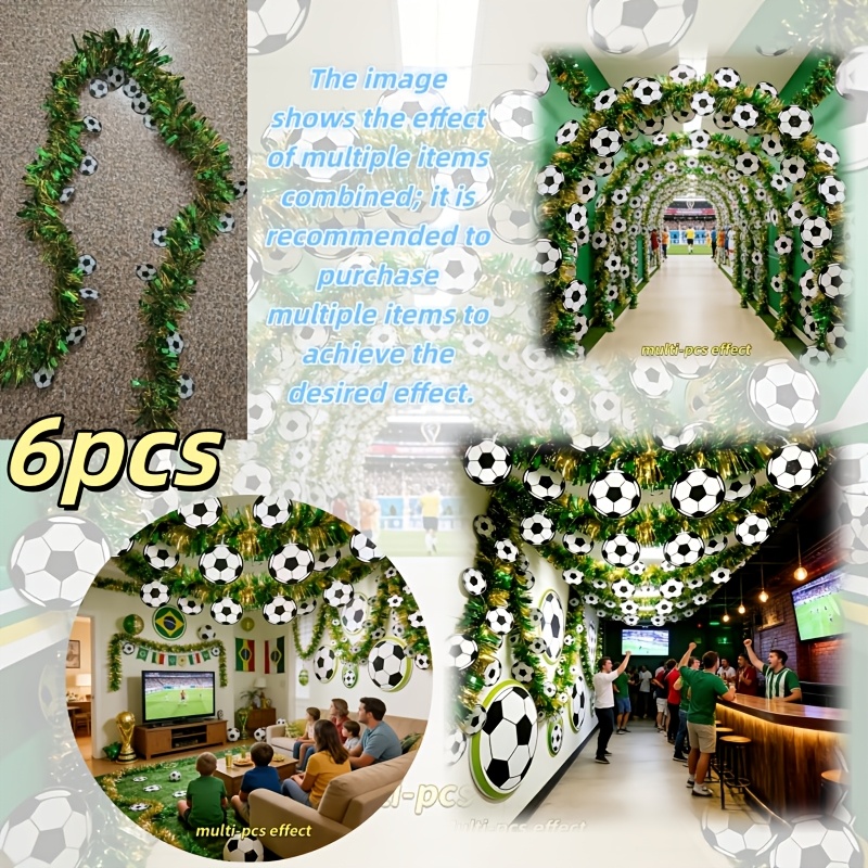 Image of 6pcs Set Of Extra-long Golden-green Colorful Streamer Pull Flags With Three-dimensional Soccer Ball Hanging Plaques. Realistic Soccer Ball Ornaments Feature A Lifelike Texture And Bent Into Shapes
