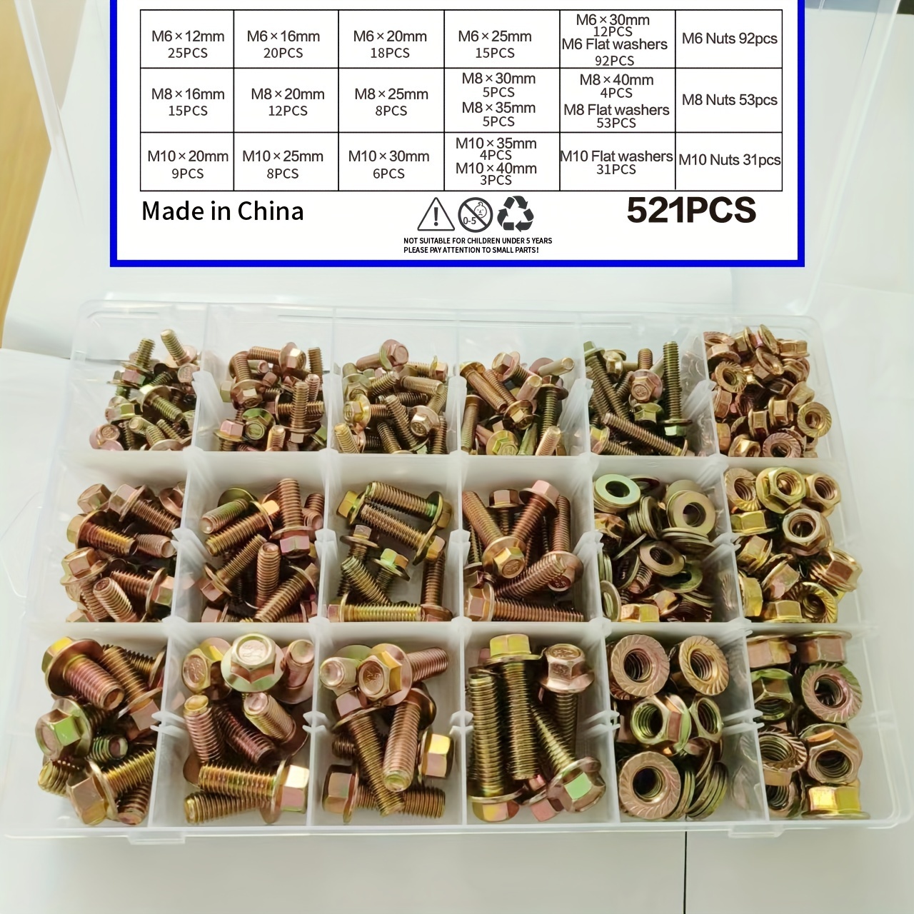 

521pcs Flange Bolt & Nut Assortment Kit - Carbon Steel M6 M8 M10 Serrated Hex Flange Bolts And Nuts Set, Metric Grade 8.8 Coarse & Partial Thread Fastener Combo