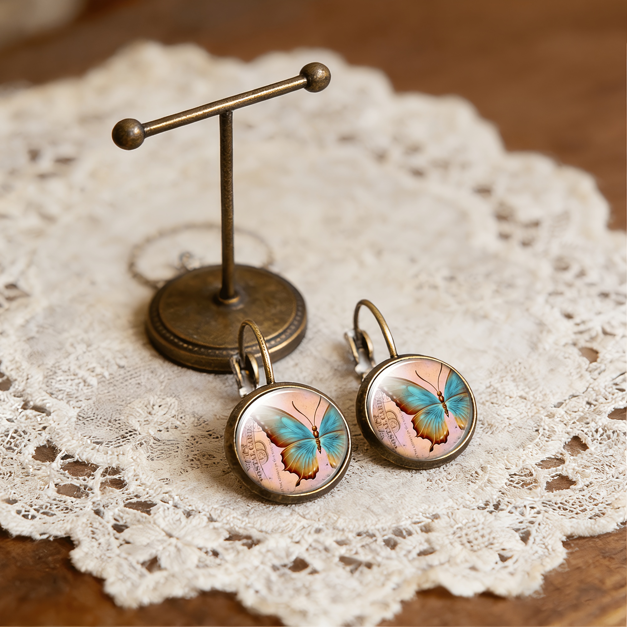 2pcs Cyan Round Classical Earrings with Butterfly Design