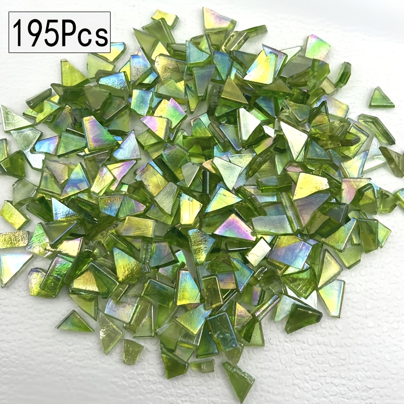 TEMU 195pcs Green Iridescent Ice Jade Glass Mosaic Tiles - Irregular Shaped Suitable For Diy Crafts, Handmade Vases, Cup Coasters, Tabletop Decor, &