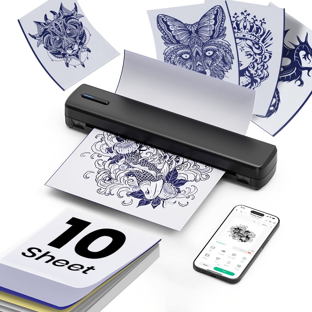 E-shop Thermischer Schablonen-Drucker mit 10 Blatt Papier, für Anfänger und , Tattoo-Drucker mit Papier, Schablonen-Drucker für Tätowierungen,