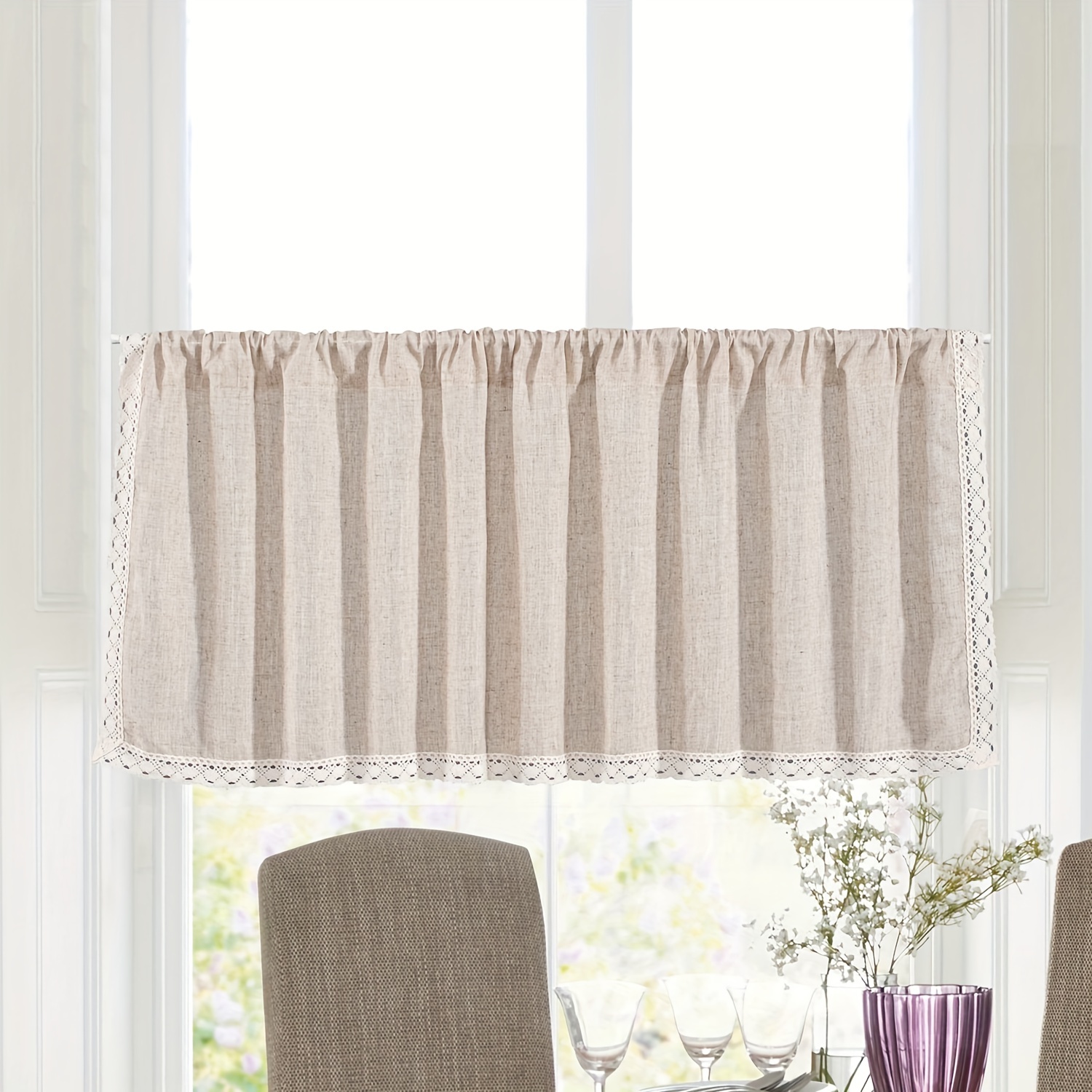 

Chic Cream Linen-look Polyester Curtain - Boho Tassel Trim, Rod Pocket Design For Kitchen, Bathroom, Bedroom & Living Room Decor Kitchen Decor And Accessories Curtains