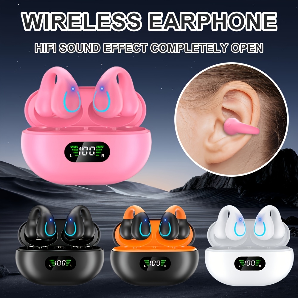 

Open Ear Bone Conduction Earphones Wireless Clip On Earbuds With Digital Display Charging Case 60 Hours Time Bt 5.3 Sports Earphones Built-in Microphone Black Suitable For Christmas Gifts