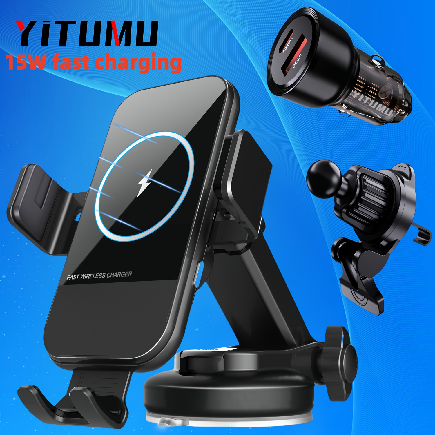 

Yitumu Wireless Car Charger - 15w Fast Charging With Automatic Clamping - Phone Holder For Iphone 15/14/13/12/11 Pro Max/xs & For S24 Ultra/s23/s22/s21/s20/s10+, Includes 48w Lighter Charger, Black