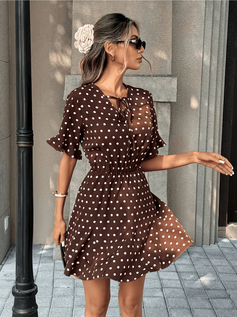polka dot mini dress short sleeve Pariaura Women's Elegant French Style Tie V-Neck Short Sleeve Ruffle Hem Pink Polka Dot Mini Dress,Summer Casual Holiday Vacation Holiday