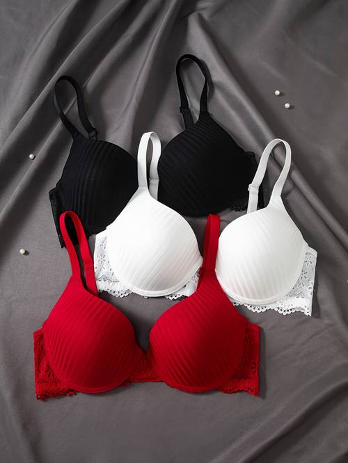 3pcs womens push up bra set with contrast lace trim seamless non removable pads underwire support elegant design in black white red lingerie bras