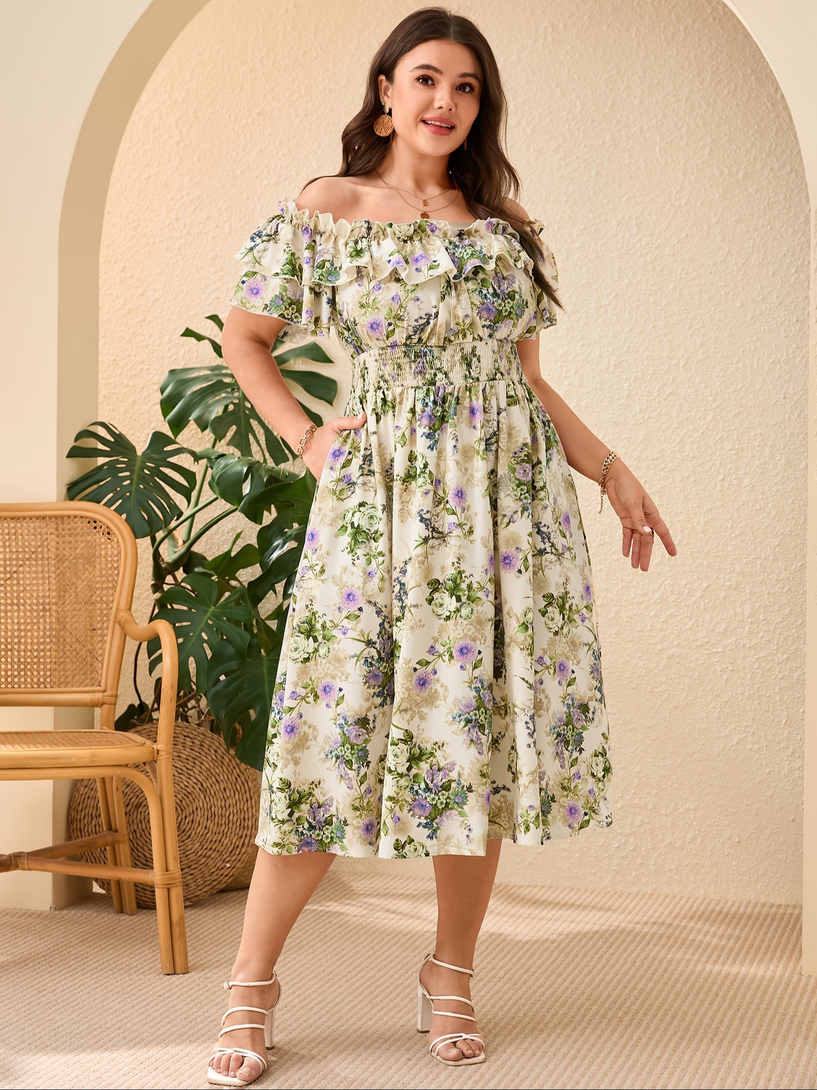 plus size dress women shoulder floral print shirred square - Temu
