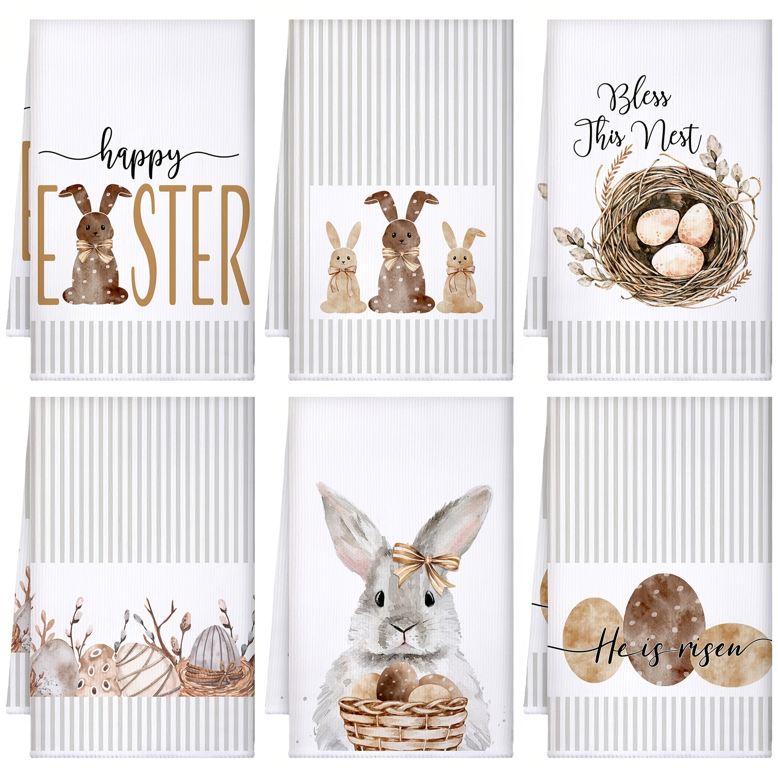 E-shop 6er-Pack Grau Gestreifte Hasen Frohes Ostern Küchentücher Geschirrtücher, 16 x 24 Zoll, 40-60 cm Saisonale Frühlingsdeko Handtücher