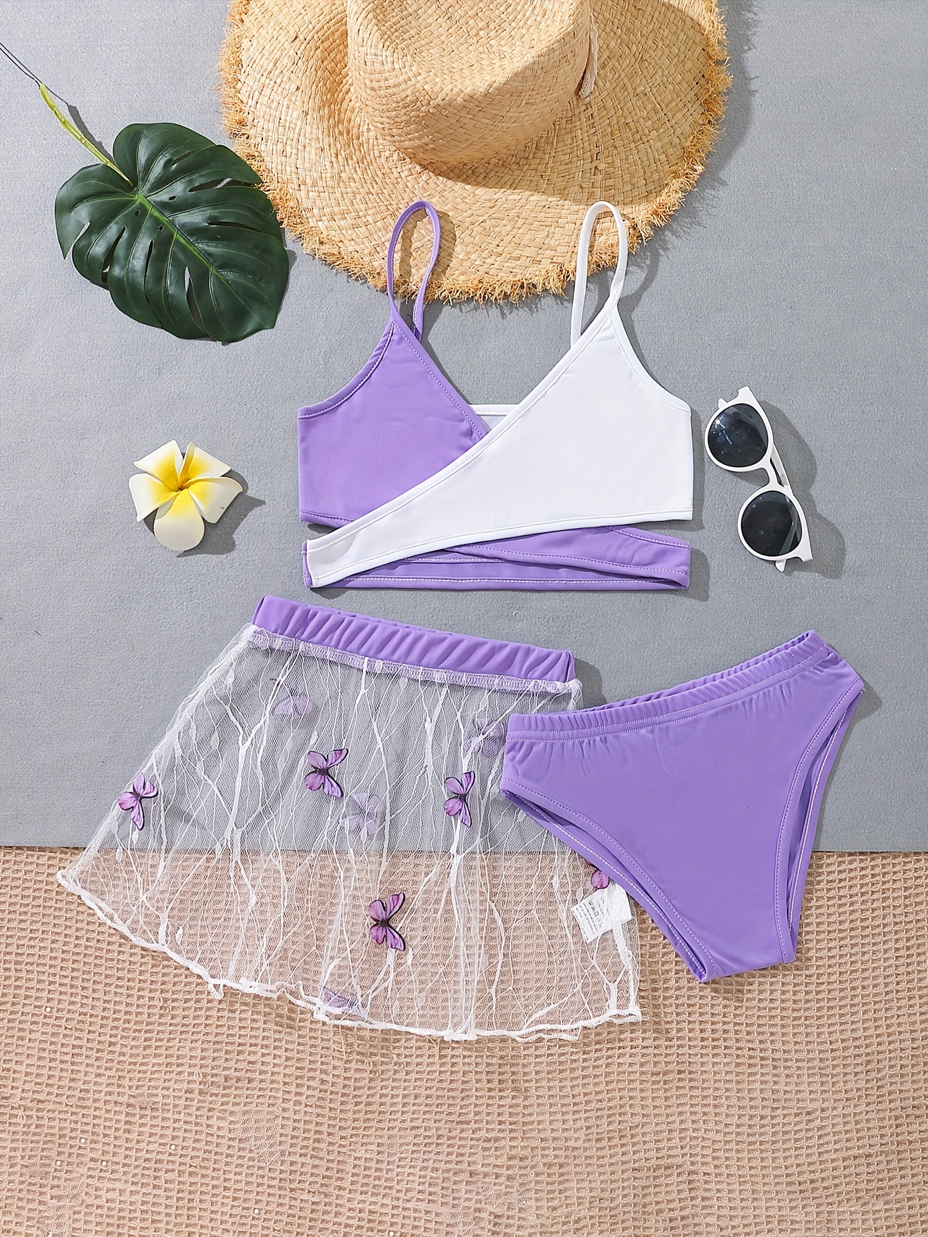 Ensemble Bikini 3 Pièces Fille 6-12 Ans – Haut + Short + Jupe Paréo, Maillot Anti-UV Mignon Et Coloré Pour Plage Et Piscine