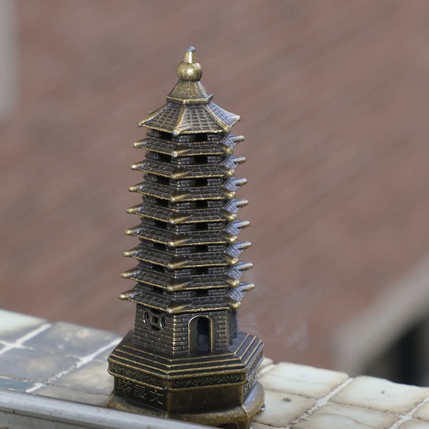 TEMU Metal Pagoda Incense Holder - Traditional Chinese Study Desk Decor For Focus & Success, Sandalwood Incense Compatible, No Electricity Needed, Cultural Home Office Decor