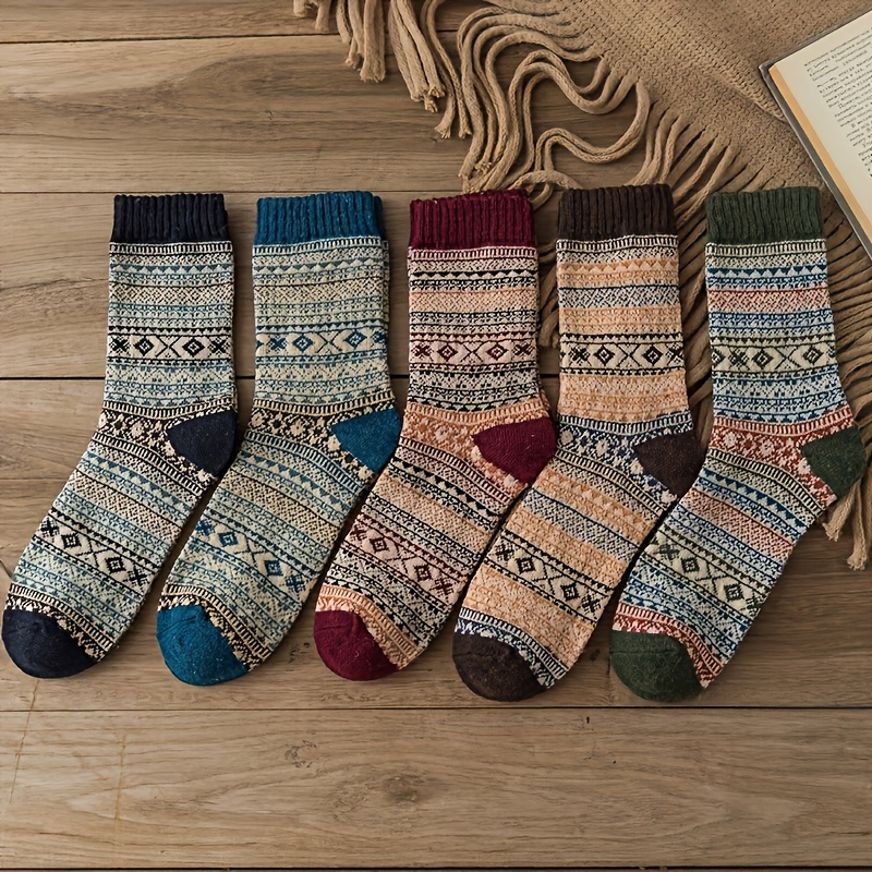 TEMU 5pcs Vintage Ethnic Crew Socks - Warm, Cozy Knit For Fall & Winter, Striped Pattern