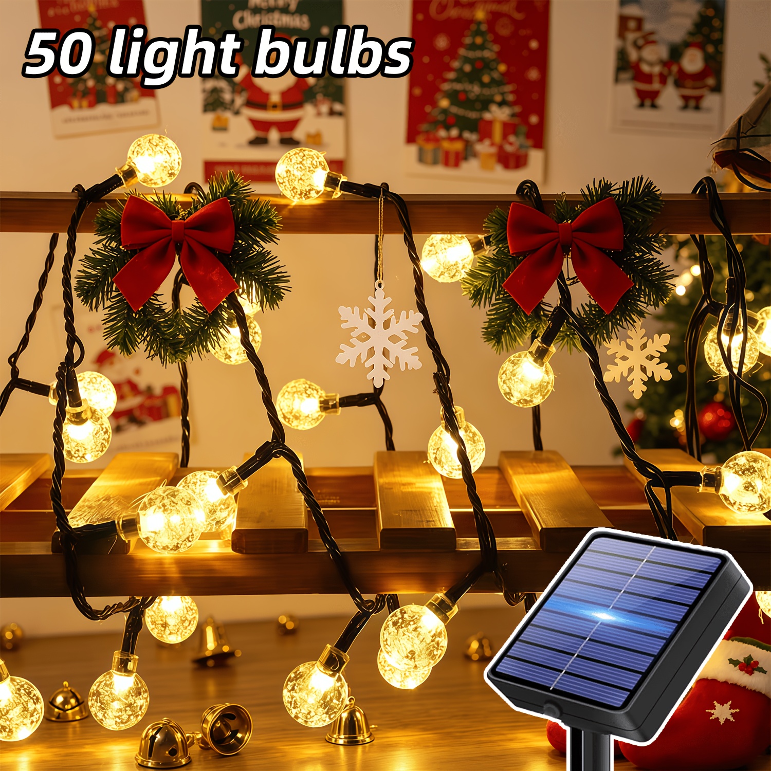 Image of Solar Powered Hanging Fairy Lights, 12/5/7m 100/50/20 Led String Lights With 8 Lighting , Outdoor Decor For Garden, Terrace, Porch & Railing, Great For Christmas, Wedding, Party & Birthday