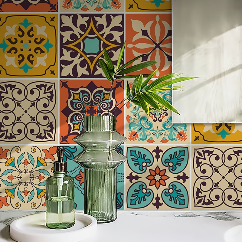 TEMU 30pcs Bohemian Tile Self-adhesive Wall Stickers, Flower Pattern Peel And Paste, Waterproof Kitchen And Bathroom Decoration Wall Stickers, Vinyl