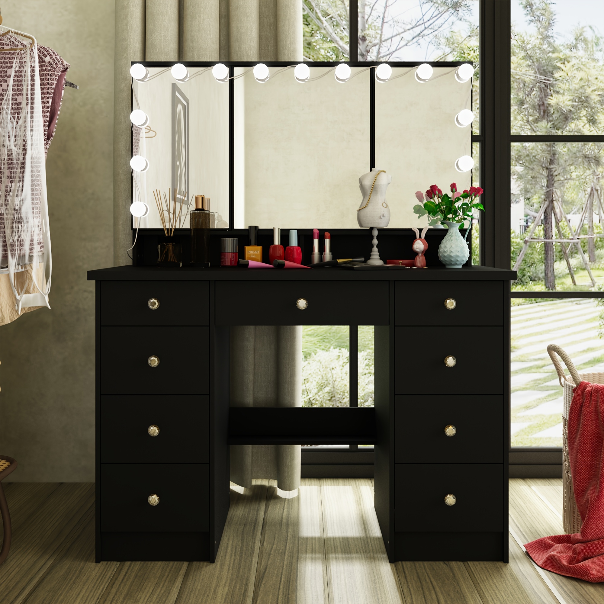 elegant 9-drawer vanity with led light , modern dresser for bedroom, white  - furniture - Temu