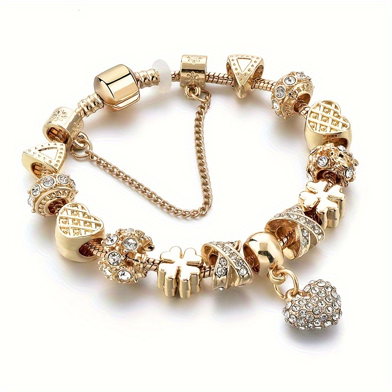 

Golden Alloy Charm Bracelet With Rhinestone-studded Heart Pendant, Ethnic Style, Diy Bead Chain With Large Hole Beads
