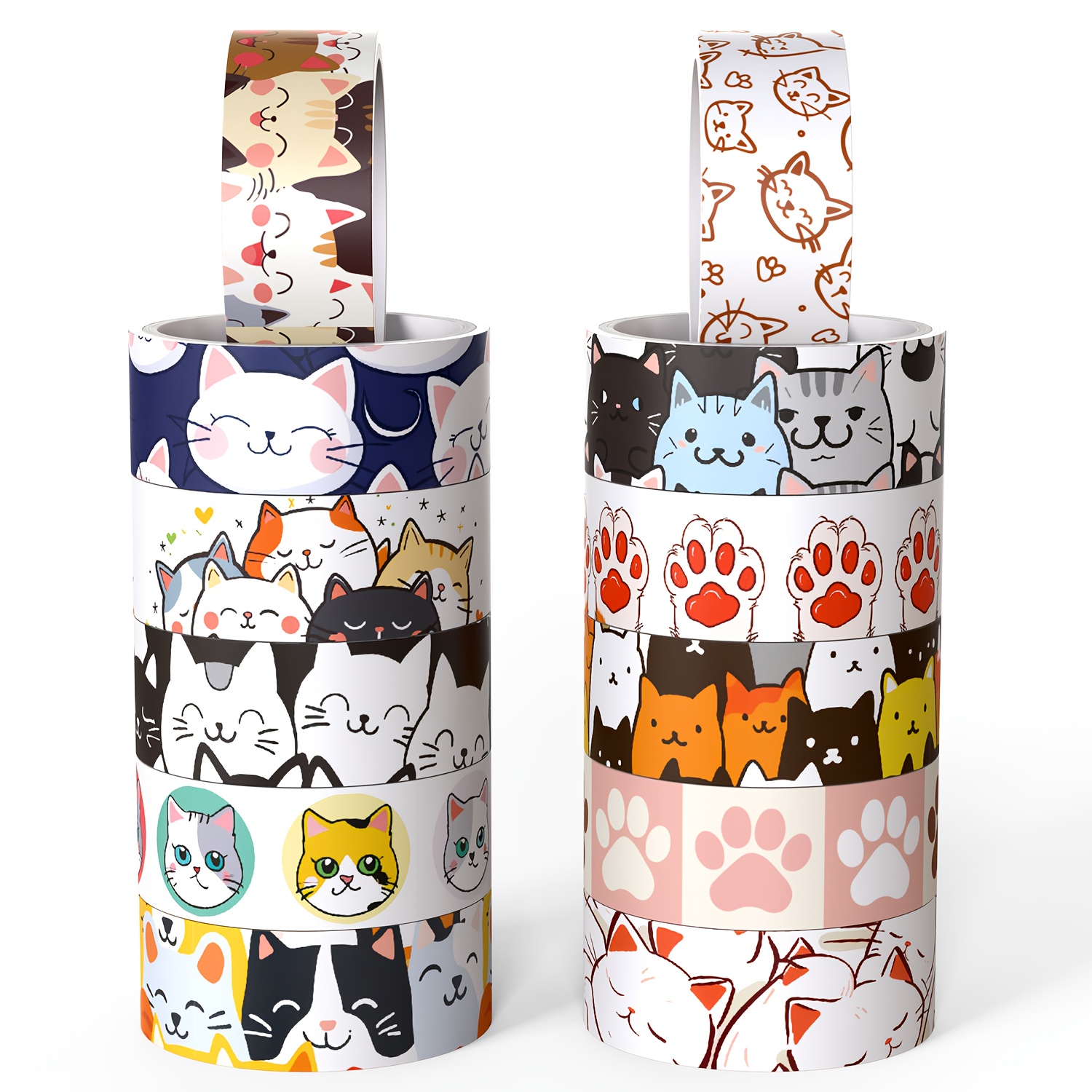 Image of Cute Kitten Series And Washi Tape Set, Featuring 12 Rolls Of Adorable Cat-themed Decorative Tape, Perfect For Parties, Scrapbooking, Crafts, And Gift Wrapping