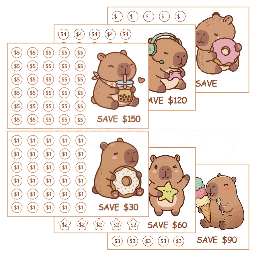 TEMU 6pcs Capybara Savings Challenge Plan Sheets, Cute Cartoon Capybara Budget Saving Record, Multi-denomination Saving Goal , For Daily And