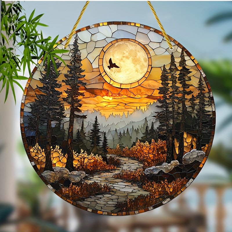 

2d Flat, 8" Sunset Acrylic Window Hanging - Vibrant Pine Tree & With , Home, Garden, Bedroom, Porch, Or Patio Decor - Ideal Housewarming Or Birthday Gift, Outdoor Decor