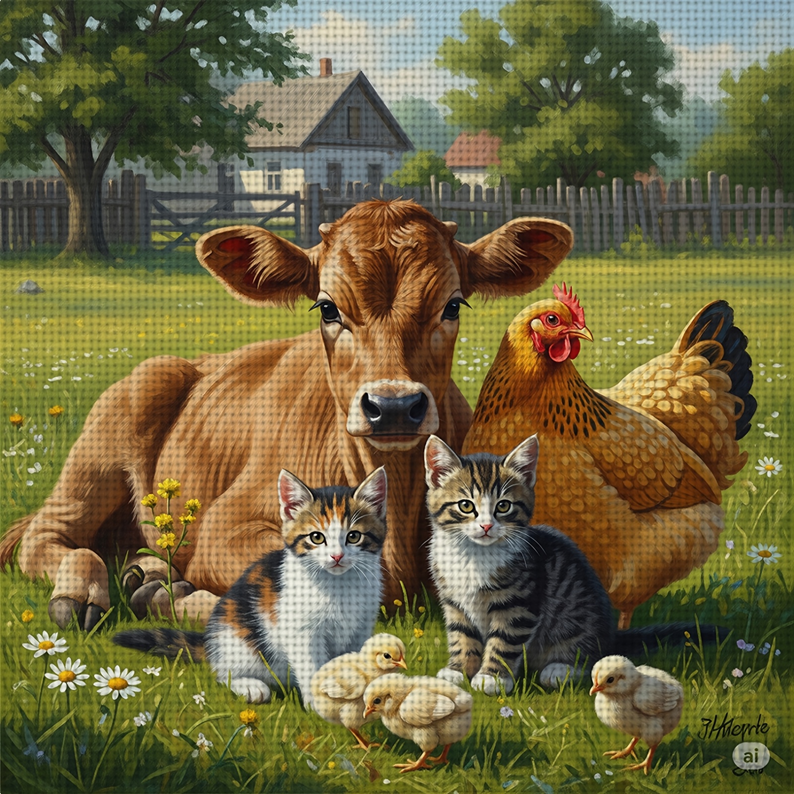 TEMU Kit de broderie point de croix 1 pièce pour débutant, facile à démarrer, "Animaux coexistant sur la prairie", petit motif pour chambre, mur