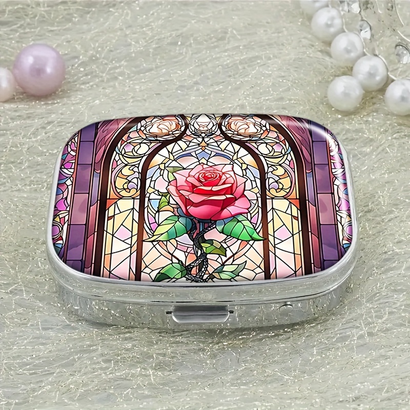 

1pc Stained Glass Rose Pattern Pill Case, Decorative 2-compartment Medicine Box, Pocket-sized Vitamin Organizer, Metal Rectangle Box For Purse And Travel Gifts