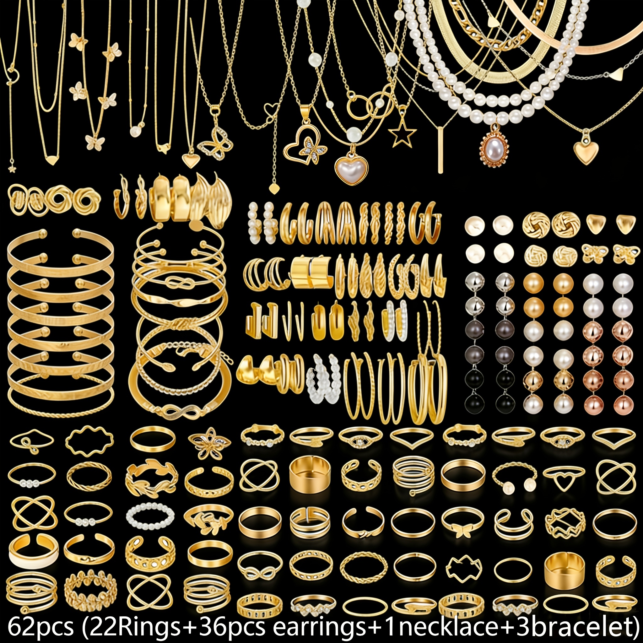 TEMU Set de Joyería para Mujer de 62 piezas Aleatorio, Conjunto Grande de Joyería para Mujer con Diseño Moderno y Elegante de Estilo Old Money con