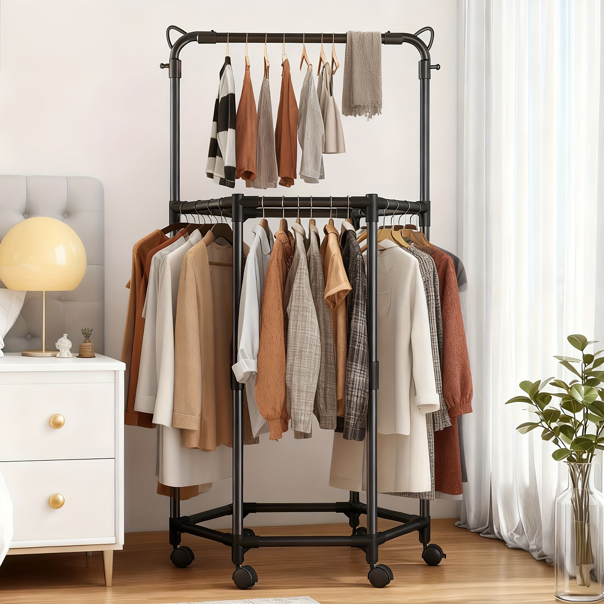 TEMU 360° Rotating Hexagonal Clothes Hanger Rack With Wheels, Sturdy Metal Frame, Freestanding Portable Design For Clothes Storage & Display,