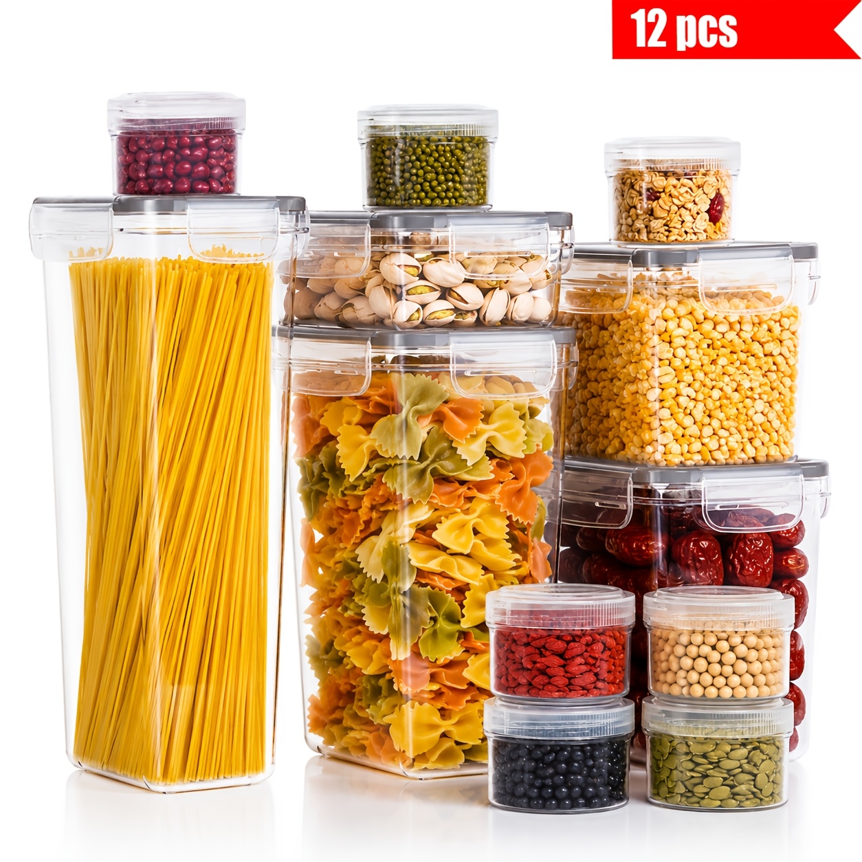 Image of 24pcs Food Storage Container Set With Lids (12pcs Lids And 12pcs Jars), Plastic Kitchen Storage Containers For Storing , Flour, And Sugar, With Labels And Markers