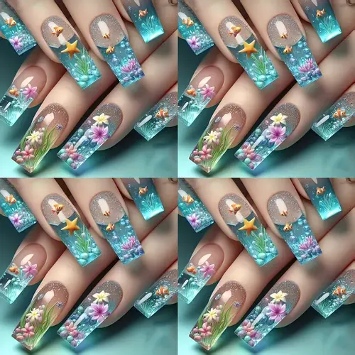 square shaped summer deep fish fun detachable false nails for women 96pcs