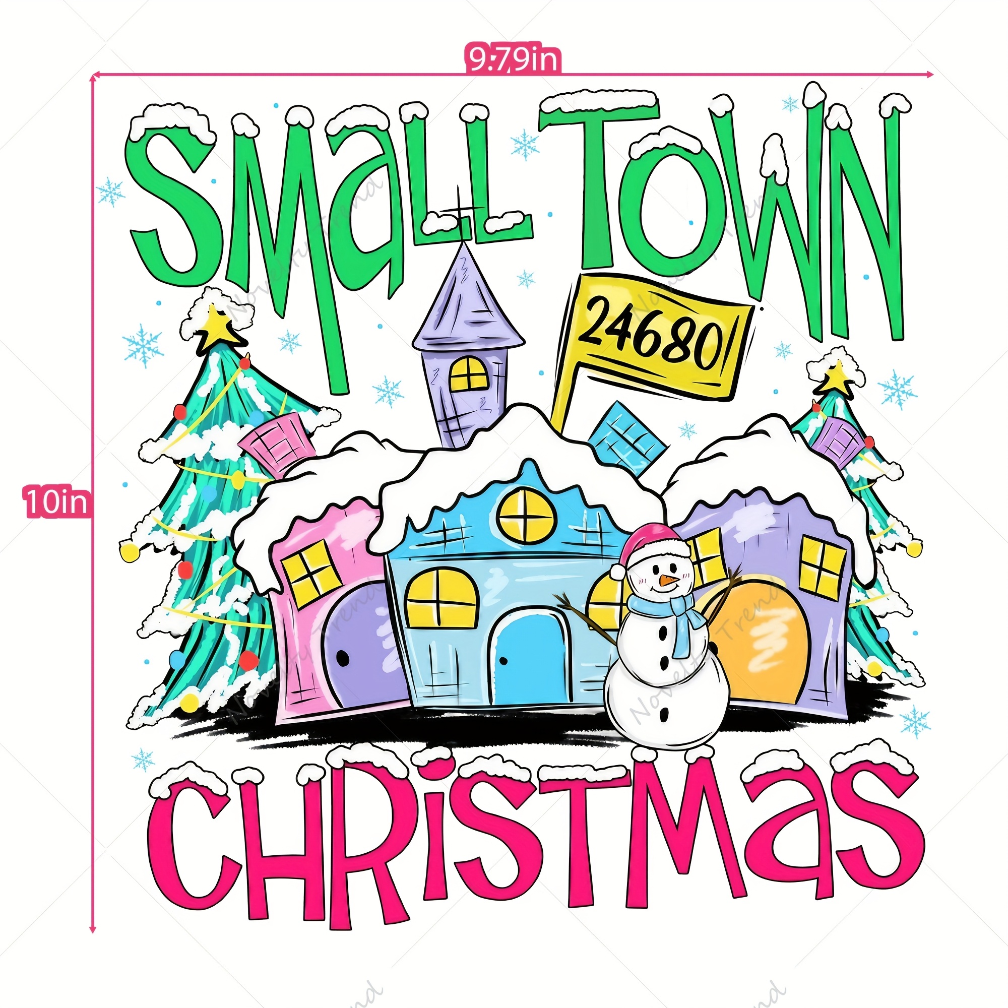 TEMU " Custom Text Number Small Town Christmas Dtf Heat Transfer Sticker 10in/8.5in/7in Diy Iron-on Vinyl Patch With Snowman, Houses & Christmas ,