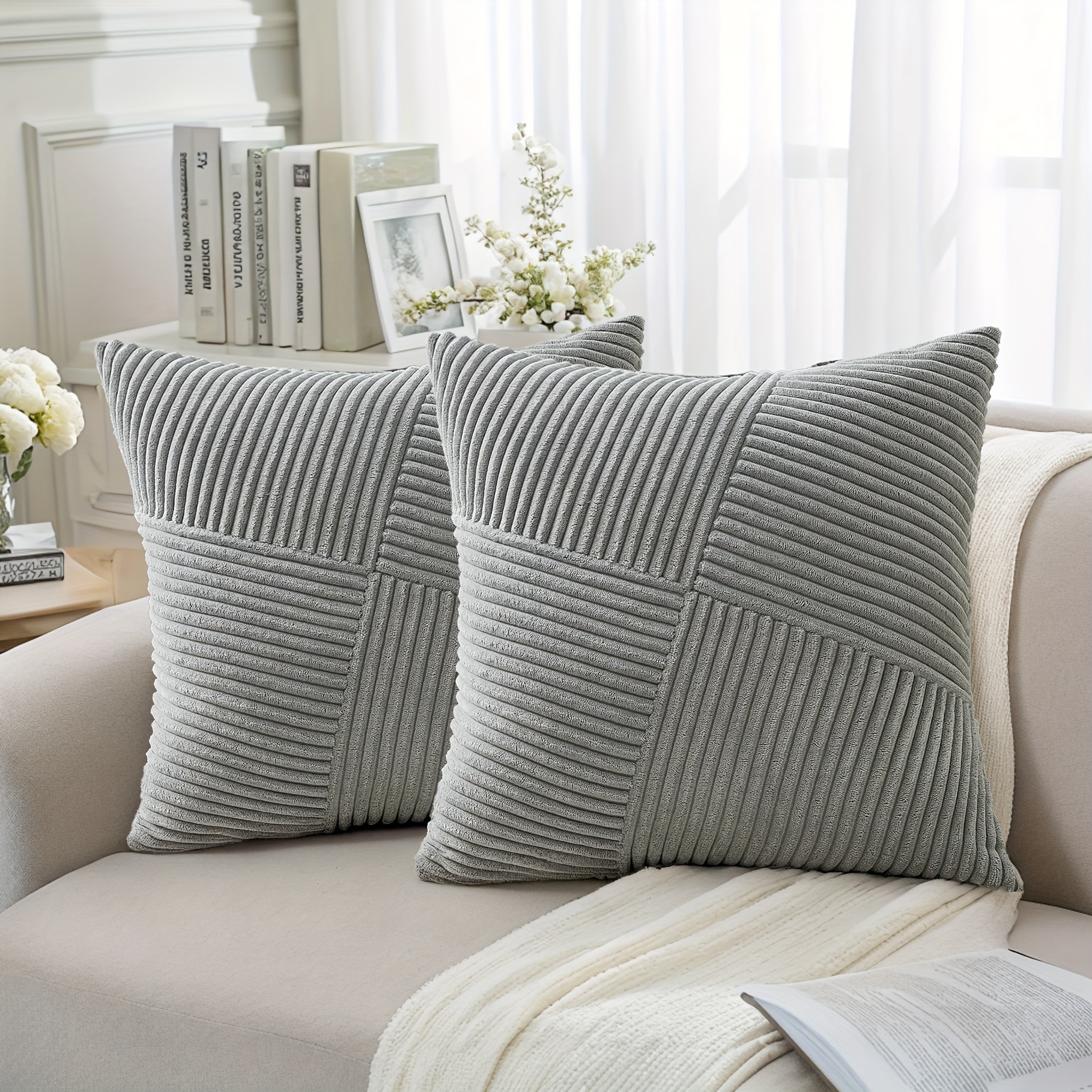 2pcs Windmill Textured Striped Corduroy Throw Pillow Covers - Soft Decor, Zipper Closure, 16x16/18x18/20x20 Inch, No Inserts, Hand Wash Sofa, Couch, Bedroom